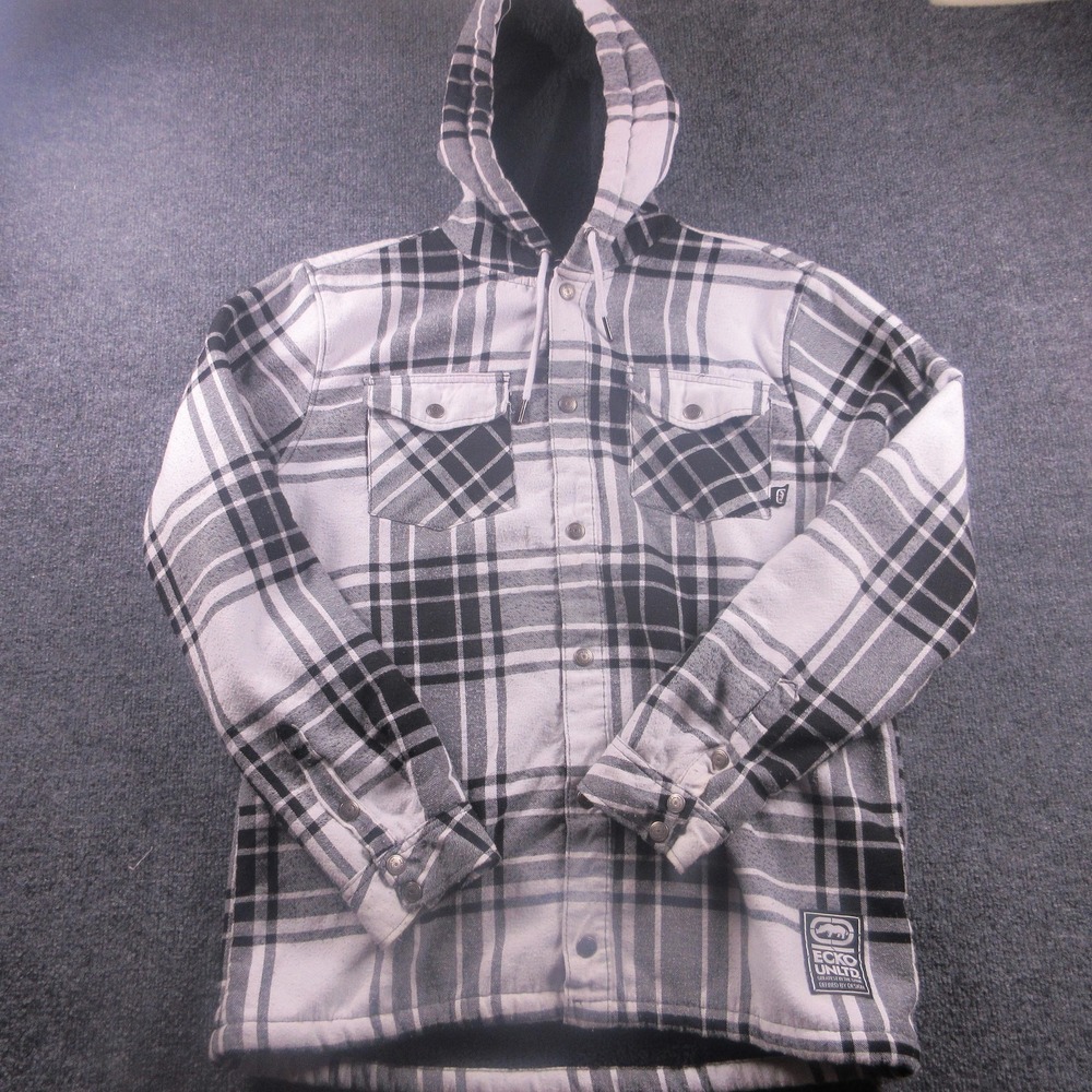 Ecko Unltd Jacket Mens Large Gray‎ Plaid Hooded Sherpa Lined Flannel Insulated